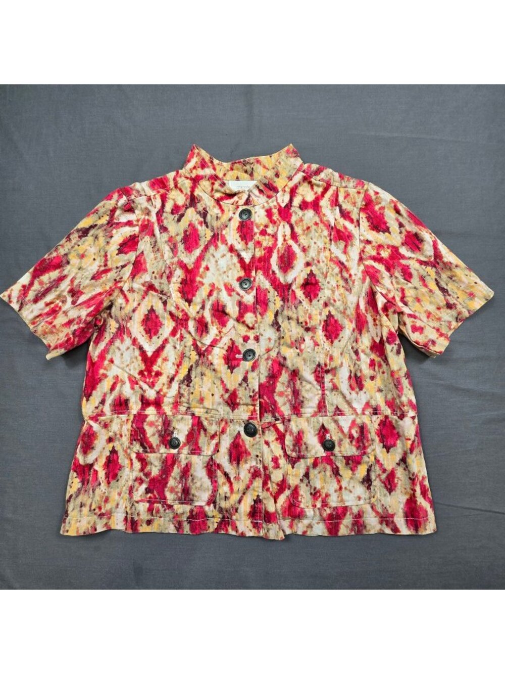 Chicos XL 3 Button-Up Jacket Top Pink Beige Abstract Ikat Linen Cotton Blend